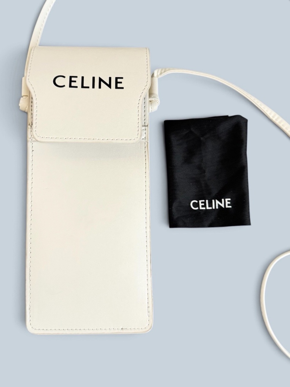 CELINE Off-White Leather Sunglasses Case Crossbody Pouch Long Strap Logo